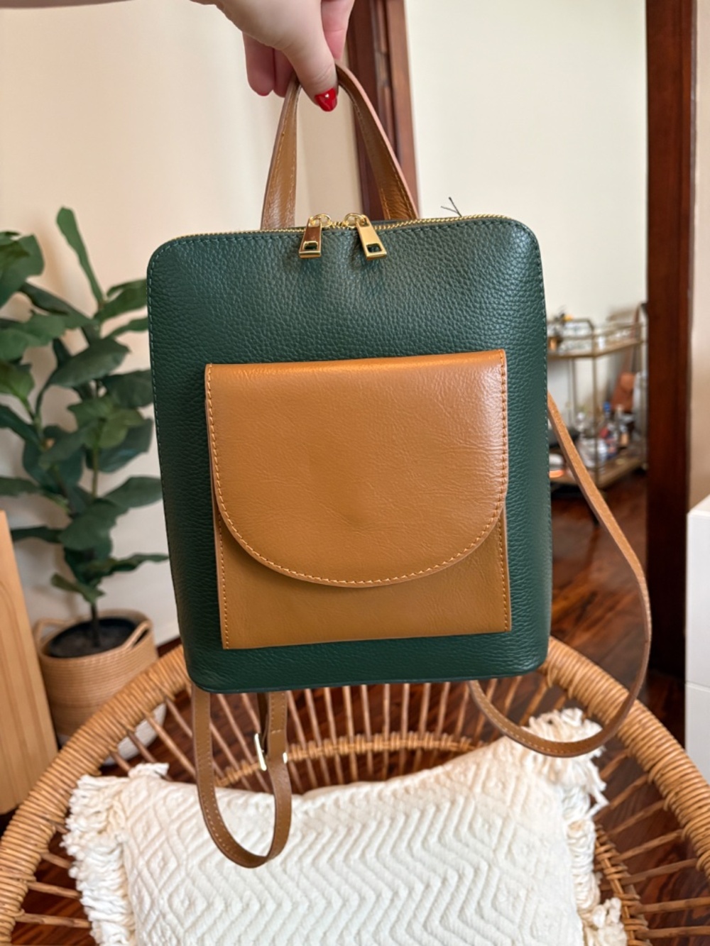 Divina Firenze Genuine Leather Backpack Forest Green and Cognac